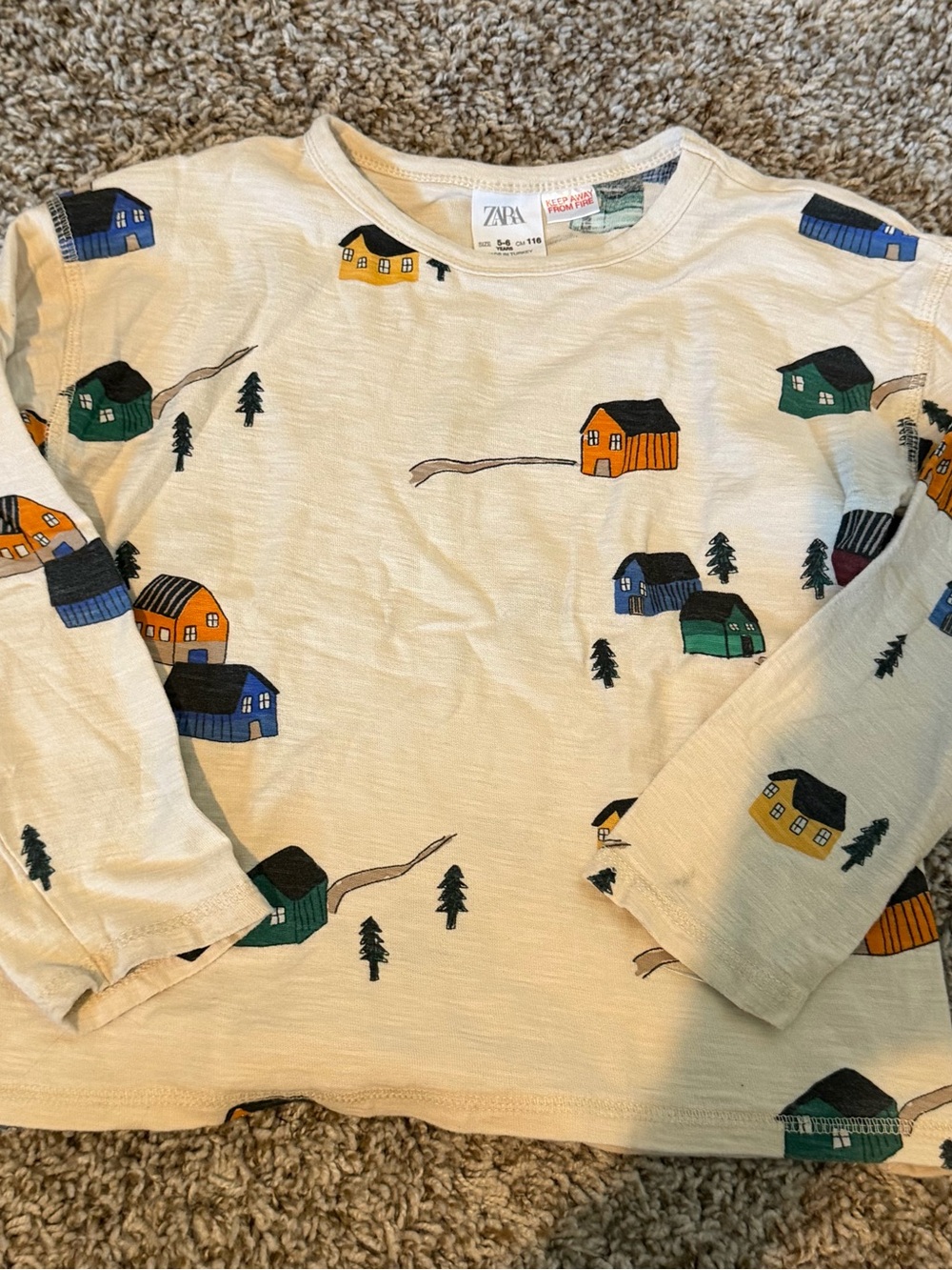 Zara Cream Long Sleeve Tee with Blue, Green, Orange, Yellow House Prints